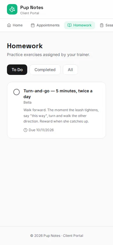 The client portal on a phone: one homework exercise to do for Bella, turn-and-go for five minutes twice a day, with instructions and a due date.